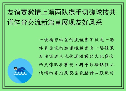 友谊赛激情上演两队携手切磋球技共谱体育交流新篇章展现友好风采